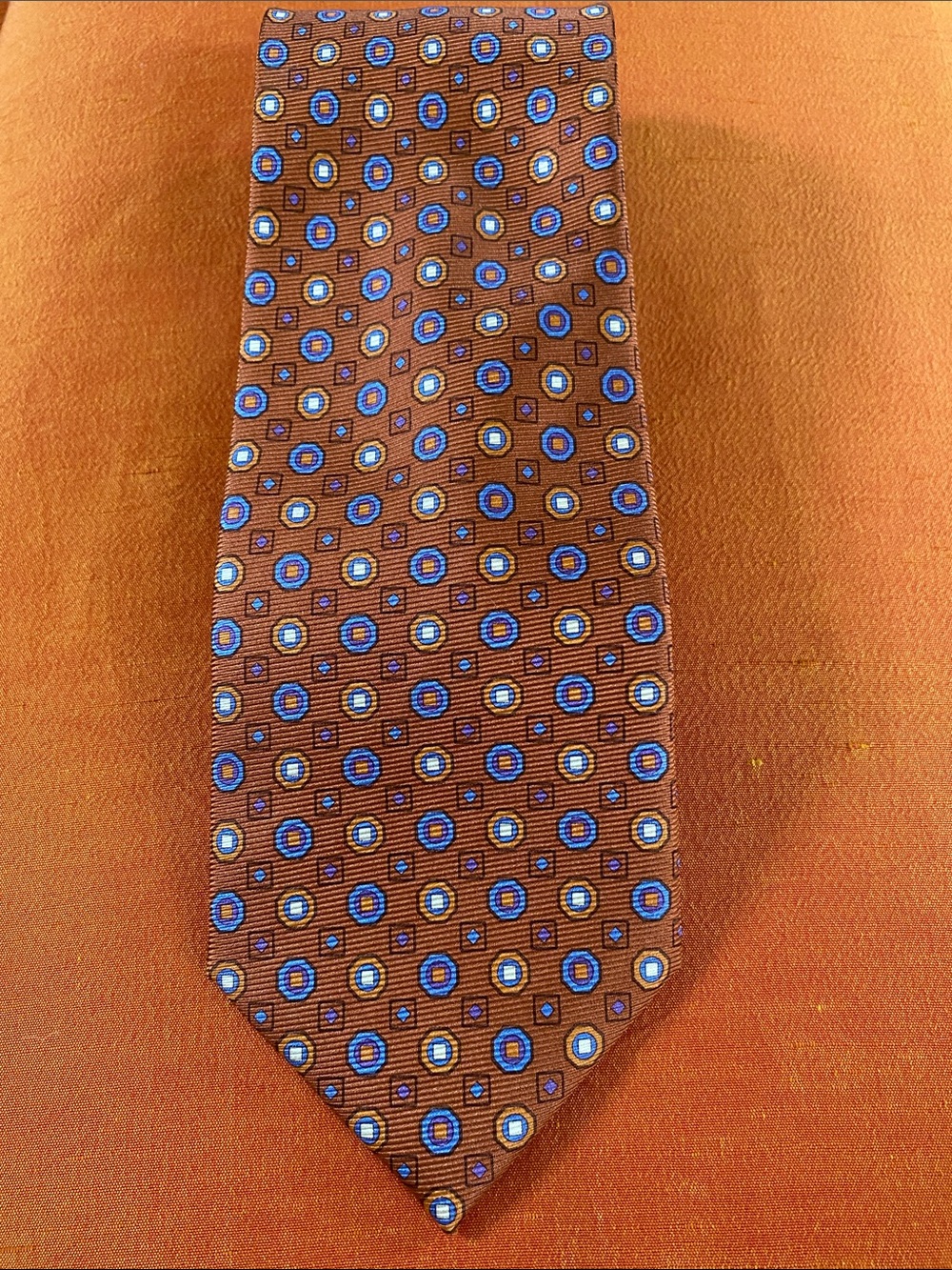 Jos. A. Bank Brown Silk Tie with Blue and White Dot Medallions